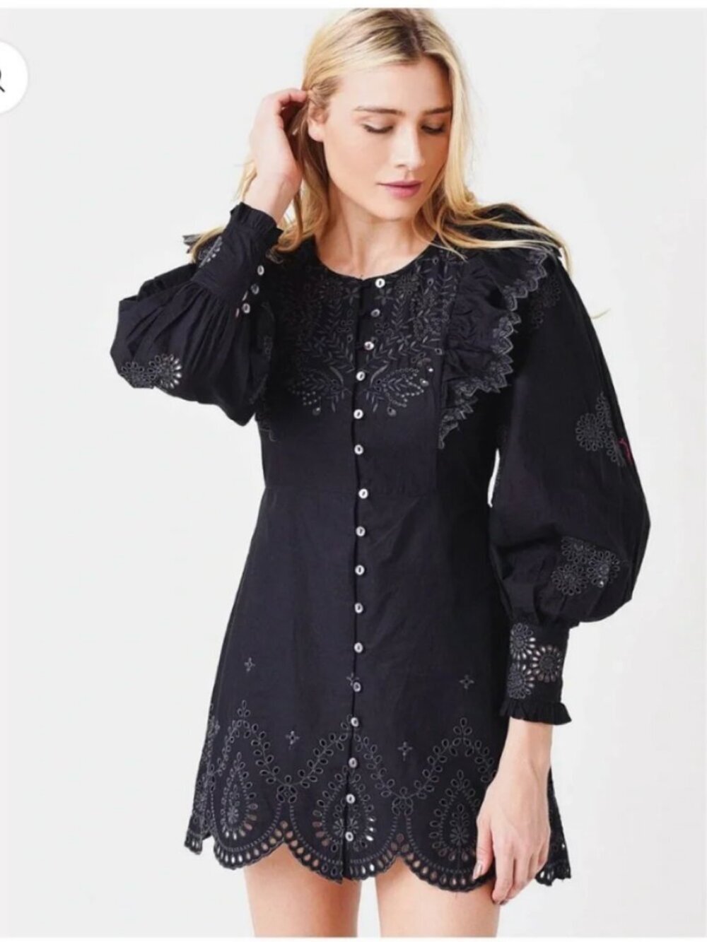 LoveShackFancy Tullia Mini Dress Womens 6 Embroidery Romantic Ruffled Shoulder